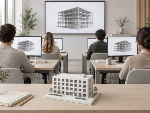 Учебный класс, на экране — модель в Revit, слушатели со спины