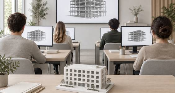 Учебный класс, на экране — модель в Revit, слушатели со спины